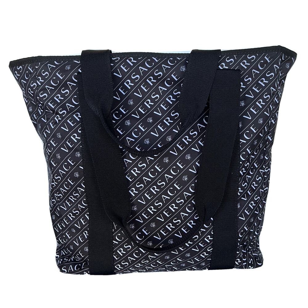 New Versace Black & White Logo Nylon Light Weight Tote Bag Made in Italy DFB8121